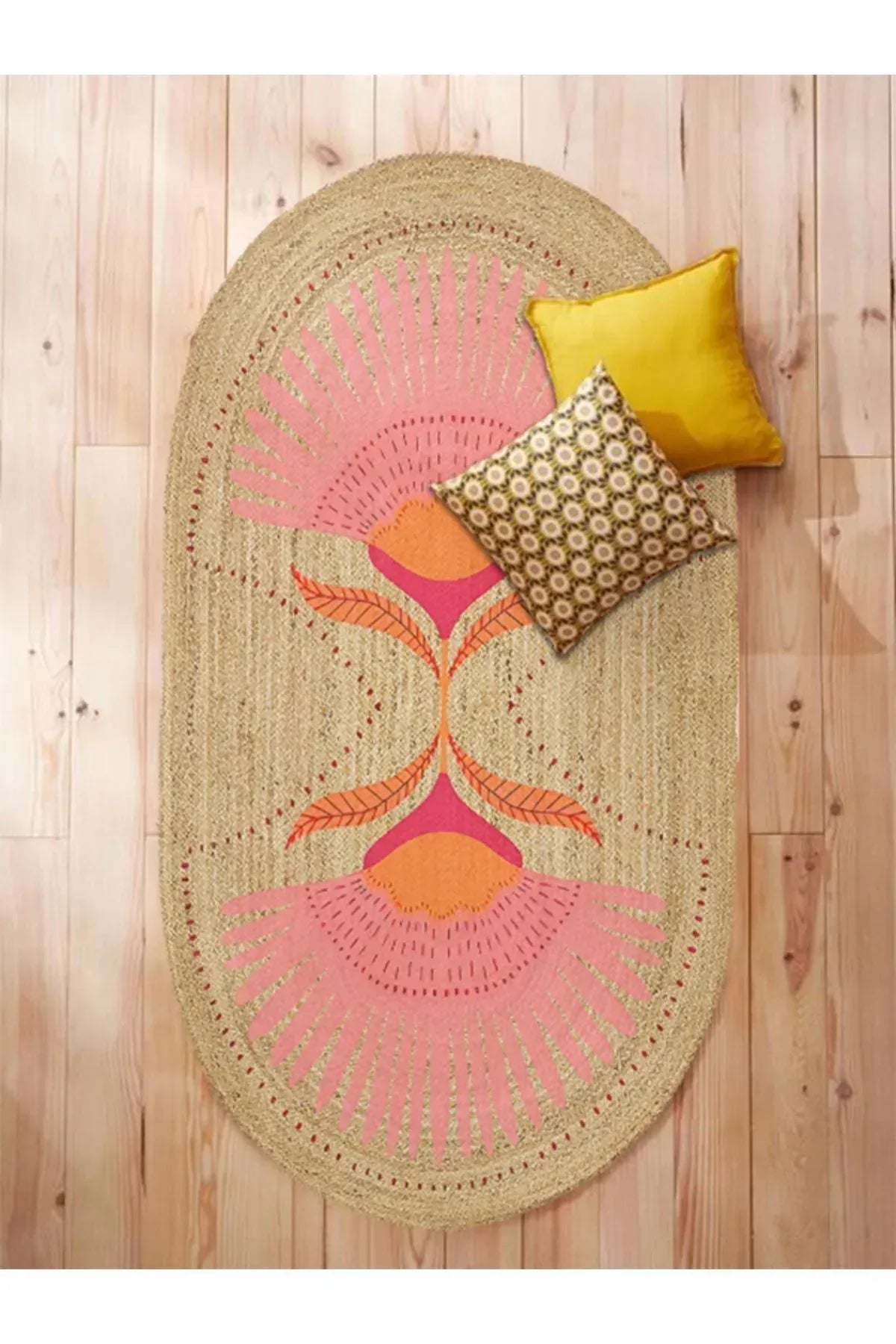 Boho 989 Jüt Hasır Etnik Desenli Oval Jüt Örme Doğal Hasır Natural Oval Halı - HALI VAGONU