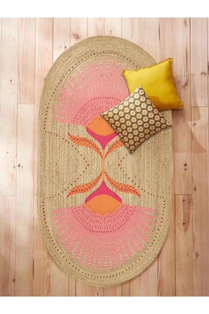Boho 989 Jüt Hasır Etnik Desenli Oval Jüt Örme Doğal Hasır Natural Oval Halı - HALI VAGONU