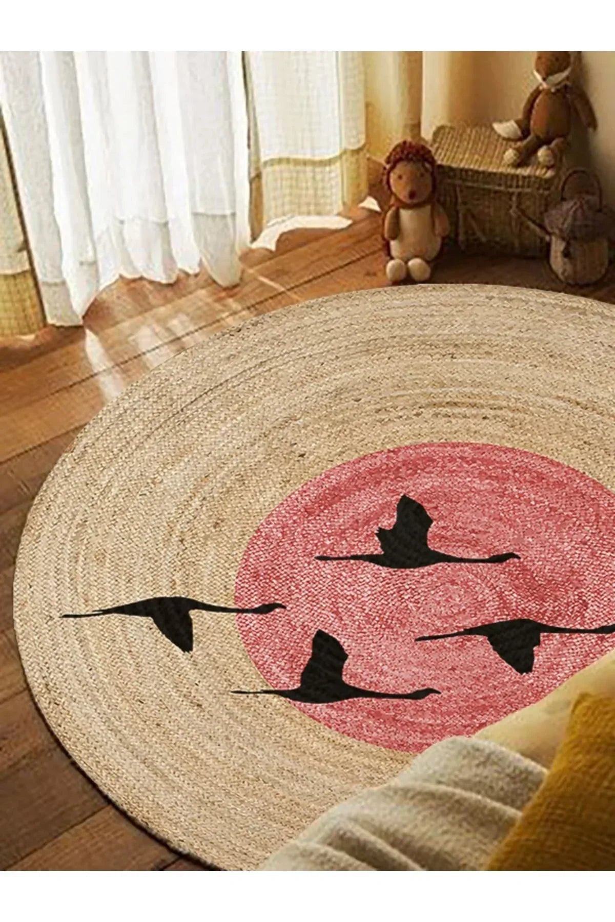 Boho 990 Gün batımı Leylek Botanik Desenli Örgü Yuvarlak Natural Çift Taraflı Halı - HALI VAGONU