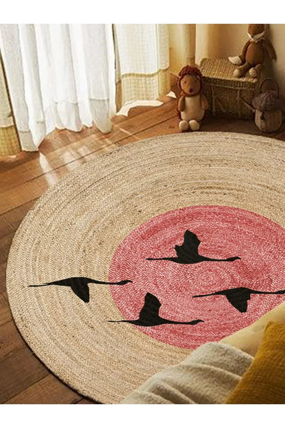 Boho 990 Gün batımı Leylek Botanik Desenli Örgü Yuvarlak Natural Çift Taraflı Halı - HALI VAGONU