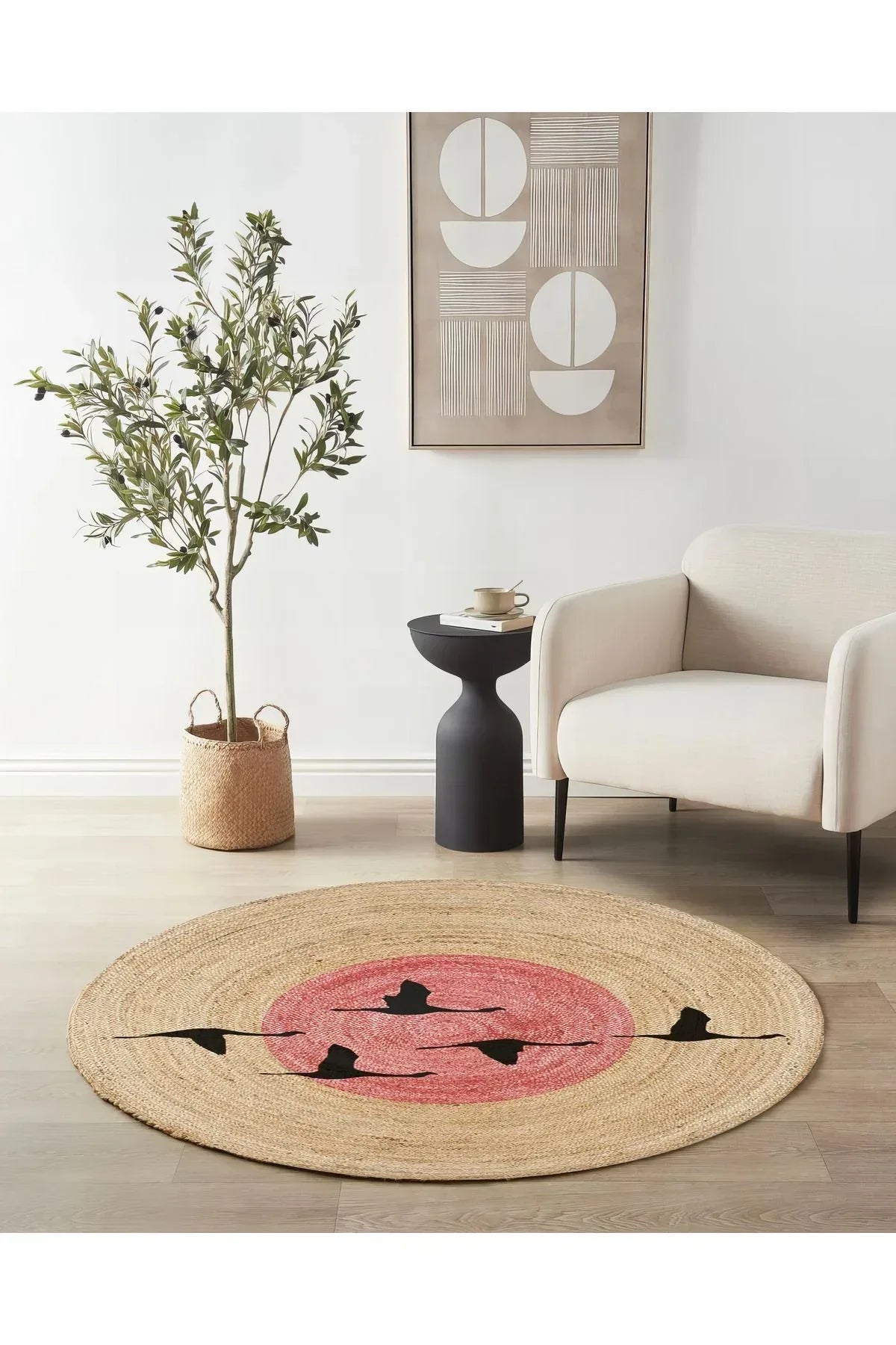 Boho 990 Gün batımı Leylek Botanik Desenli Örgü Yuvarlak Natural Çift Taraflı Halı - HALI VAGONU