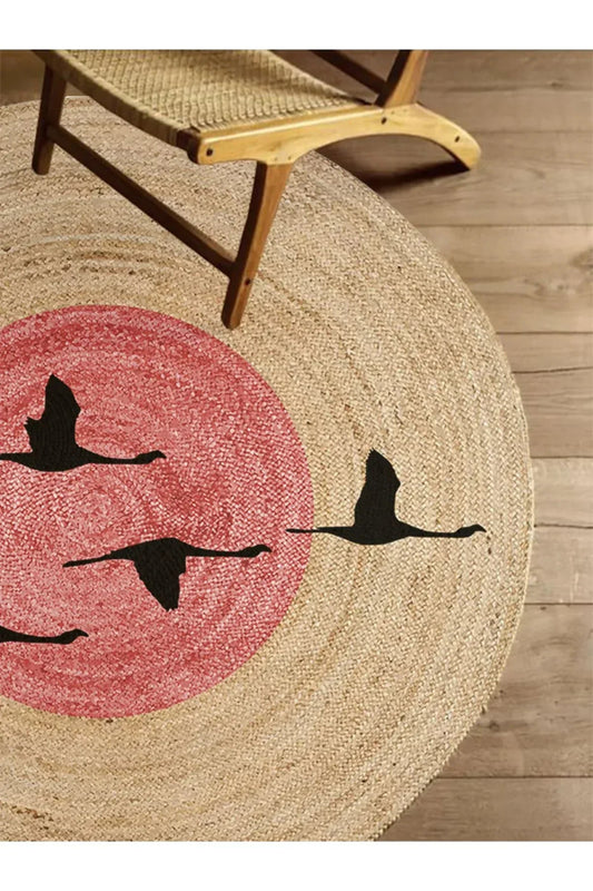 Boho 990 Gün batımı Leylek Botanik Desenli Örgü Yuvarlak Natural Çift Taraflı Halı - HALI VAGONU