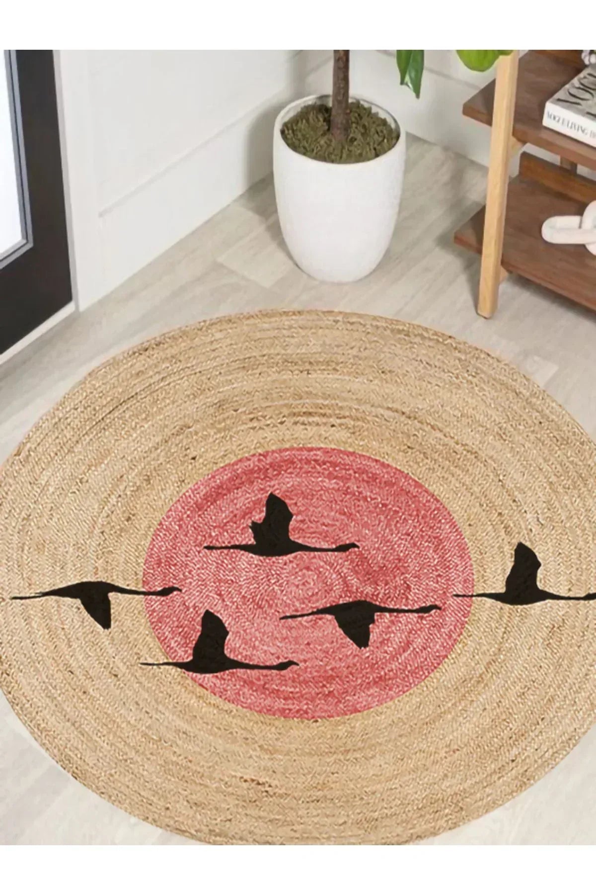 Boho 990 Gün batımı Leylek Botanik Desenli Örgü Yuvarlak Natural Çift Taraflı Halı - HALI VAGONU