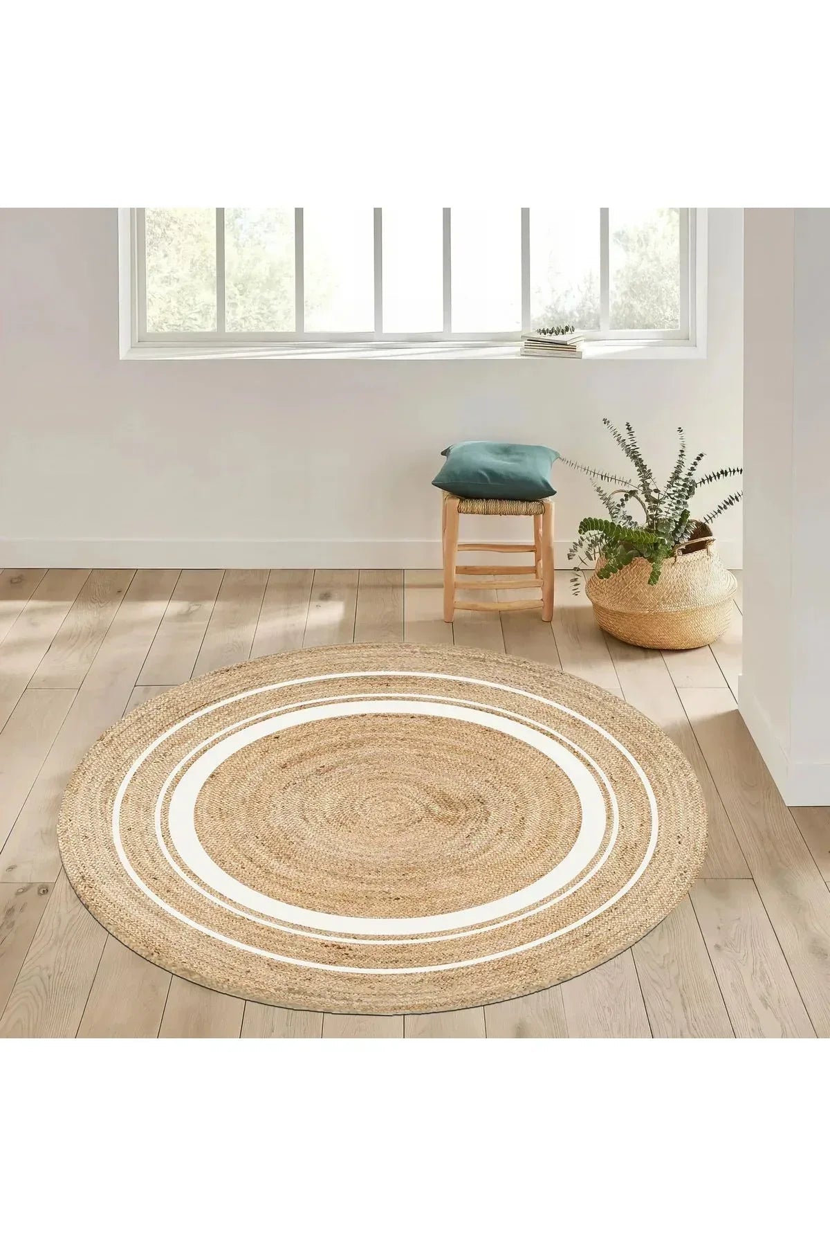 Boho 991 Natural Jüt Görünümlü Desen Üzerine Beyaz Halkalar Yuvarlak Natural Çift Taraflı Halı - HALI VAGONU
