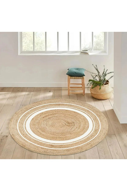 Boho 991 Natural Jüt Görünümlü Desen Üzerine Beyaz Halkalar Yuvarlak Natural Çift Taraflı Halı - HALI VAGONU