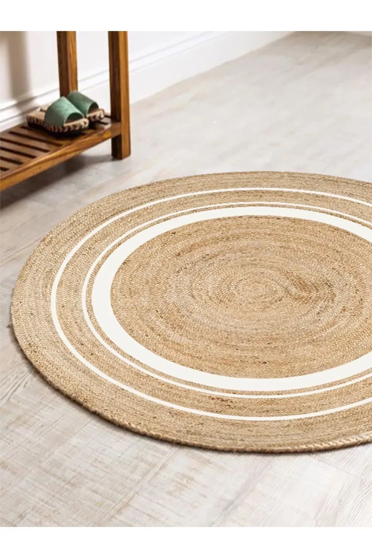Boho 991 Natural Jüt Görünümlü Desen Üzerine Beyaz Halkalar Yuvarlak Natural Çift Taraflı Halı - HALI VAGONU