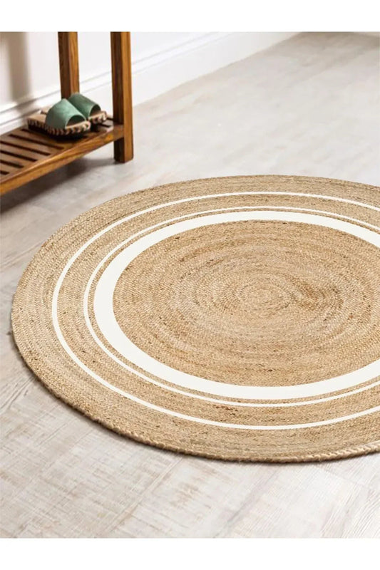 Boho 991 Natural Jüt Görünümlü Desen Üzerine Beyaz Halkalar Yuvarlak Natural Çift Taraflı Halı - HALI VAGONU