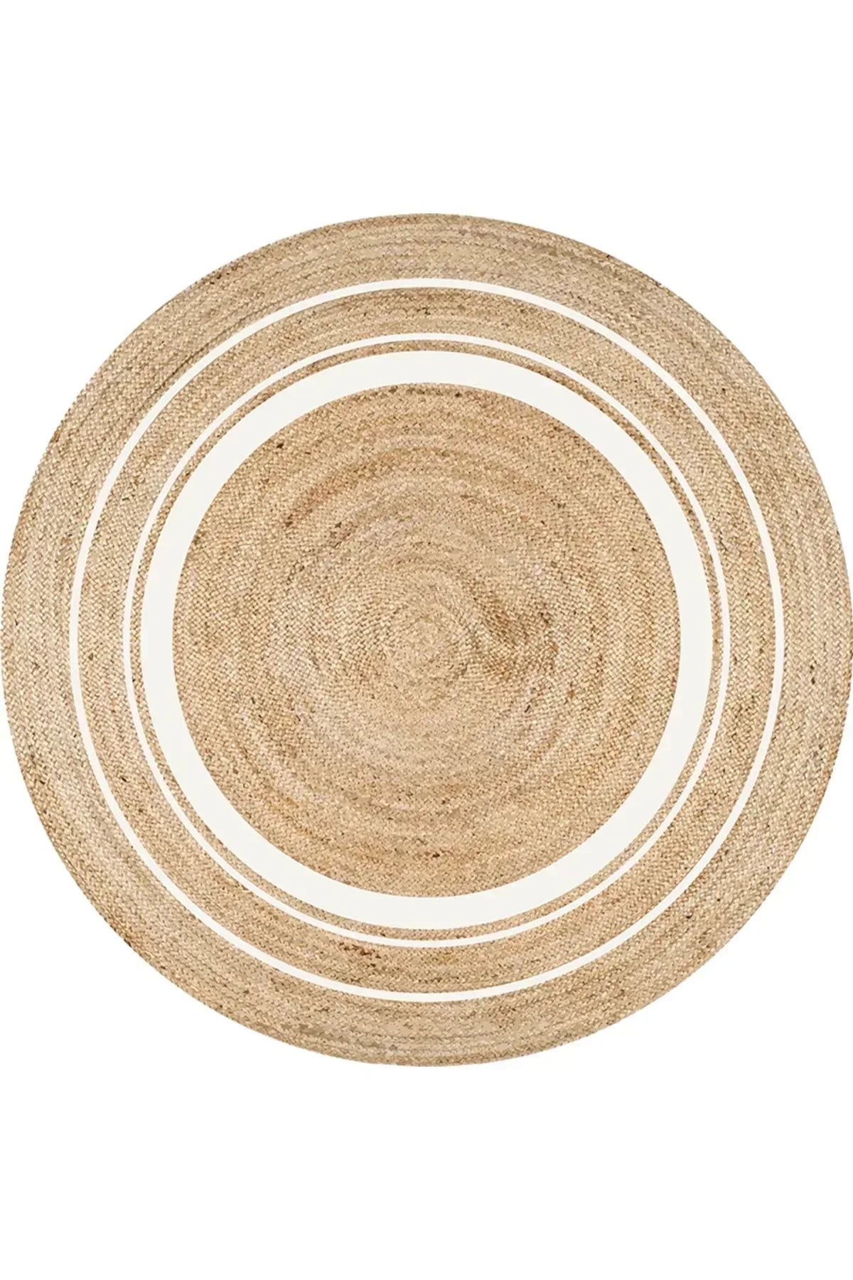 Boho 991 Natural Jüt Görünümlü Desen Üzerine Beyaz Halkalar Yuvarlak Natural Çift Taraflı Halı - HALI VAGONU