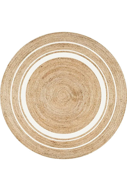 Boho 991 Natural Jüt Görünümlü Desen Üzerine Beyaz Halkalar Yuvarlak Natural Çift Taraflı Halı - HALI VAGONU