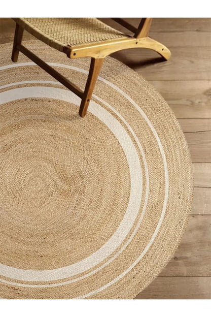 Boho 991 Natural Jüt Görünümlü Desen Üzerine Beyaz Halkalar Yuvarlak Natural Çift Taraflı Halı - HALI VAGONU