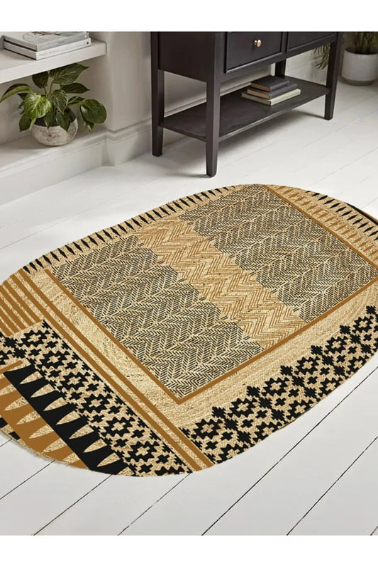 Boho 992 Oval Siyah Yel Motifli Etnik Desenli Jüt Rengi Örgü Yuvarlak Natural Çift Taraflı Halı - HALI VAGONU