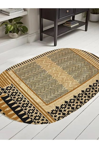 Boho 992 Oval Siyah Yel Motifli Etnik Desenli Jüt Rengi Örgü Yuvarlak Natural Çift Taraflı Halı - HALI VAGONU