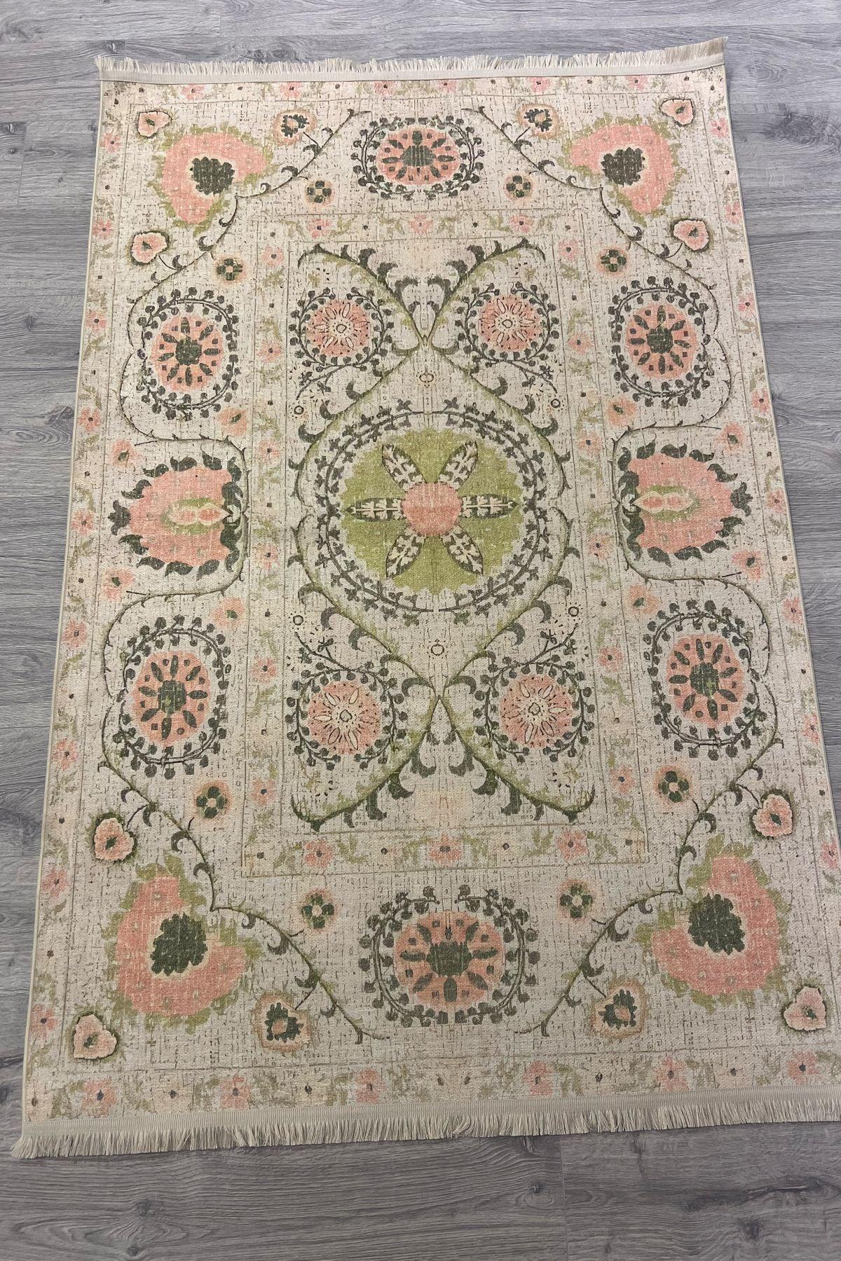 Çiçekli Floral Krem Pudra Pembesi Pop Art Salon Halısı Mutfak Halısı Yolluk Otantik Halı HV 232 - HALI VAGONU