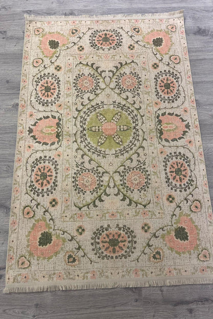 Çiçekli Floral Krem Pudra Pembesi Pop Art Salon Halısı Mutfak Halısı Yolluk Otantik Halı HV 232 - HALI VAGONU