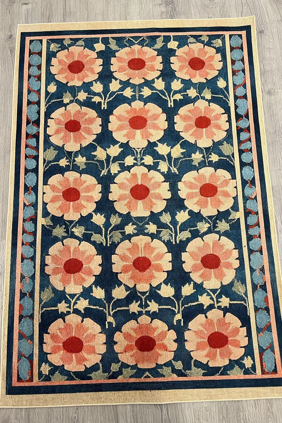 Çiçekli Floral Mavi Pembe Pop Art Salon Halısı Mutfak Halısı Yolluk Otantik Halı Halı Vagonu 231 - HALI VAGONU