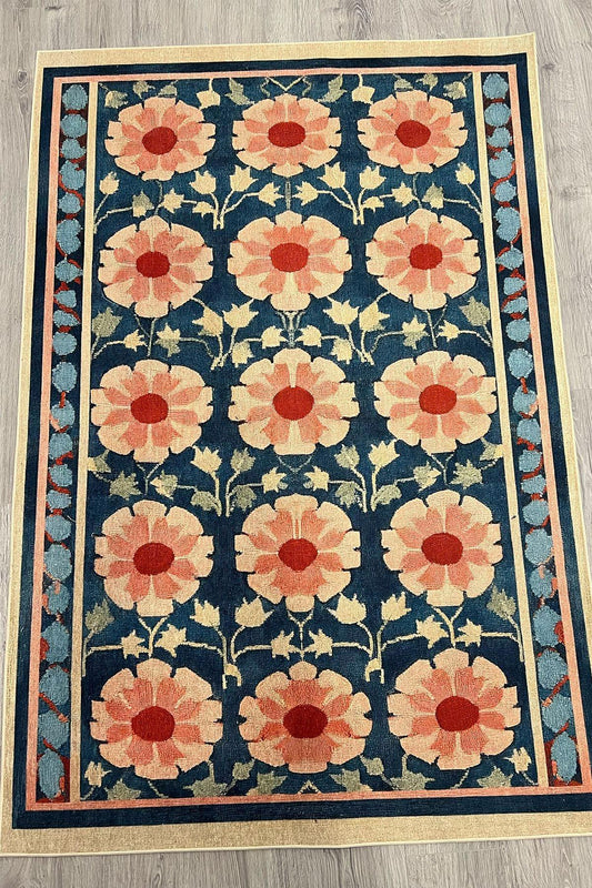 Çiçekli Floral Mavi Pembe Pop Art Salon Halısı Mutfak Halısı Yolluk Otantik Halı Halı Vagonu 231 - HALI VAGONU