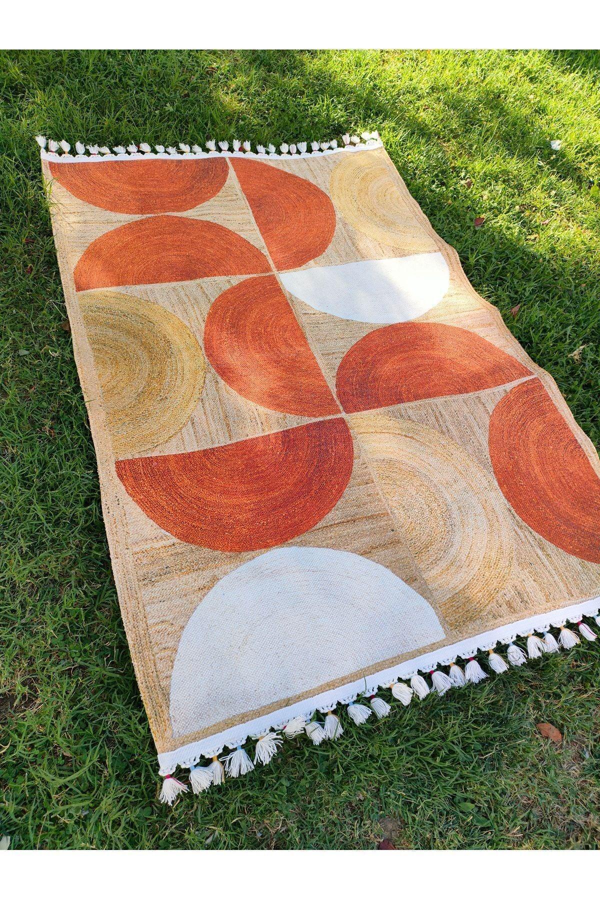 Cotton 3620 Jüt Kiremit Renginde Boho Stil Natural Pamuklu Dokuma Kilim - HALI VAGONU