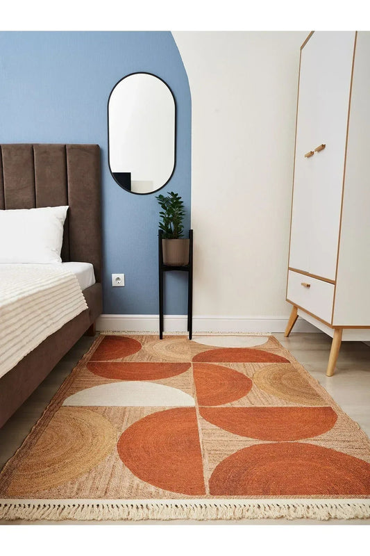 Cotton 3620 Jüt Kiremit Renginde Boho Stil Natural Pamuklu Dokuma Kilim - HALI VAGONU