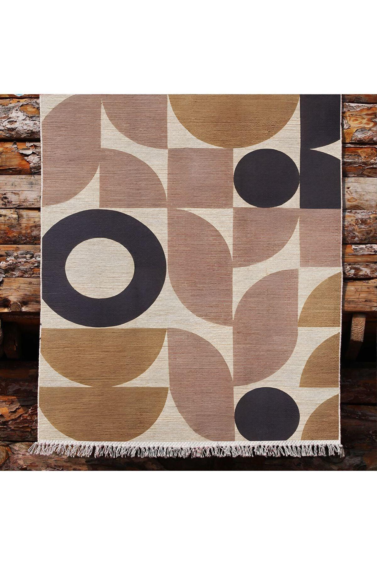 Cotton 68 Pudra Camel Ve Siyah Pastel Geometrik Desenli Dokuma Kilim - HALI VAGONU