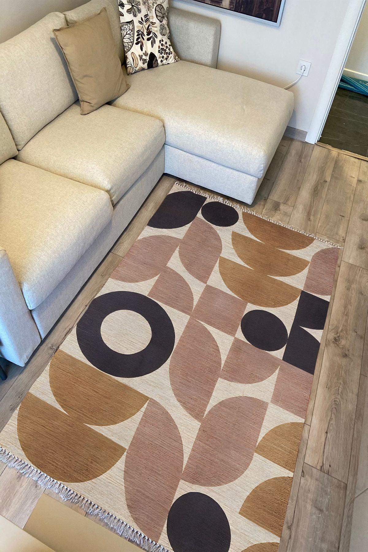 Cotton 68 Pudra Camel Ve Siyah Pastel Geometrik Desenli Dokuma Kilim - HALI VAGONU