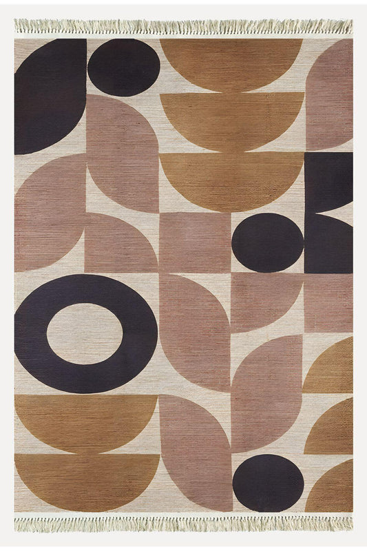 Cotton 68 Pudra Camel Ve Siyah Pastel Geometrik Desenli Dokuma Kilim - HALI VAGONU