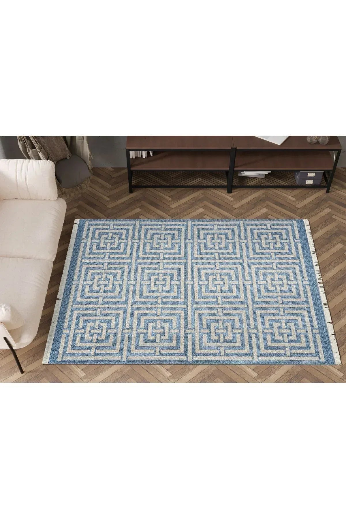 Cotton 83 Etnik Deniz Mavisi Modern Monogram Stil Pamuk Taban Kilim 083 - HALI VAGONU