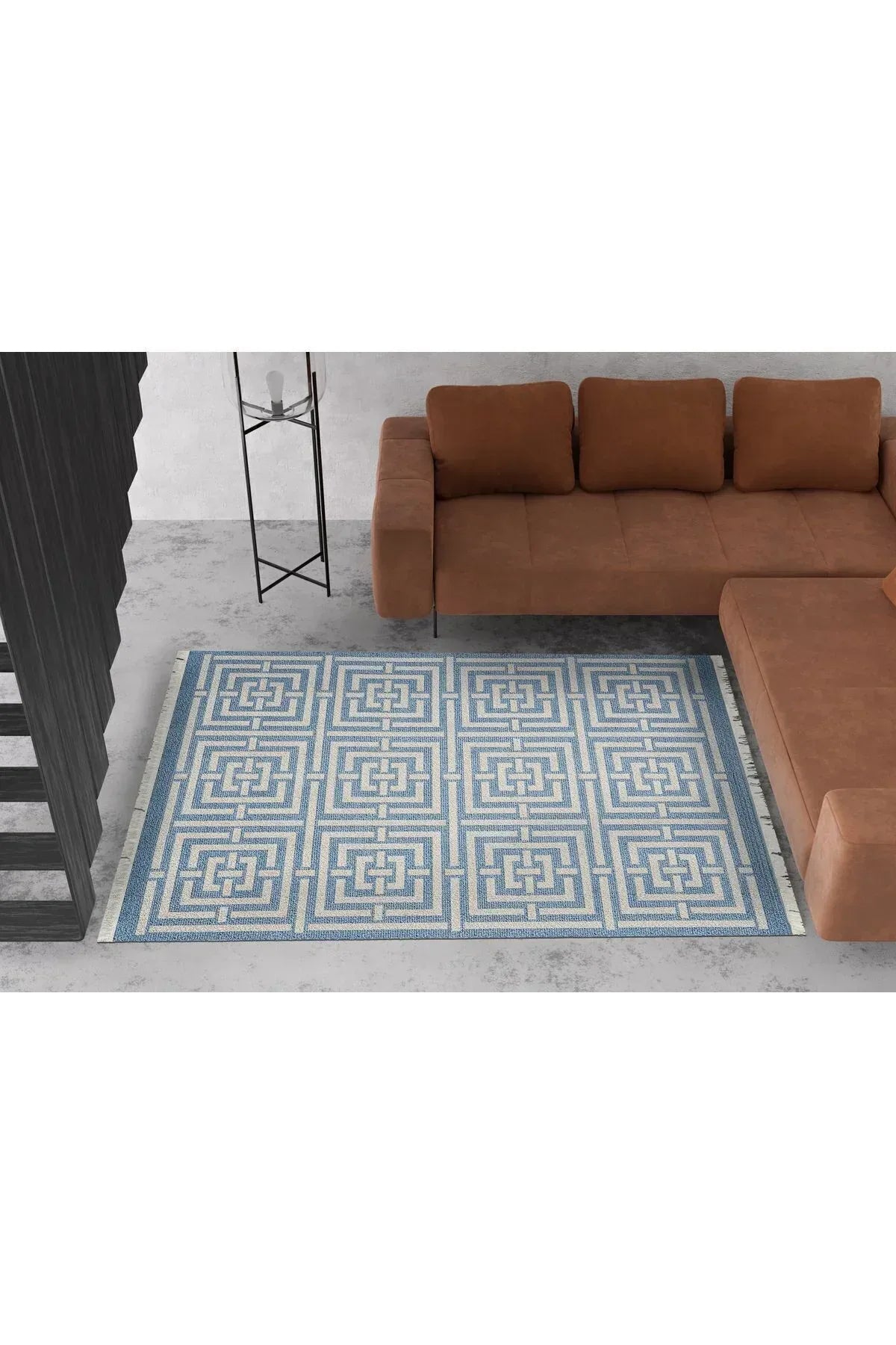 Cotton 83 Etnik Deniz Mavisi Modern Monogram Stil Pamuk Taban Kilim 083 - HALI VAGONU