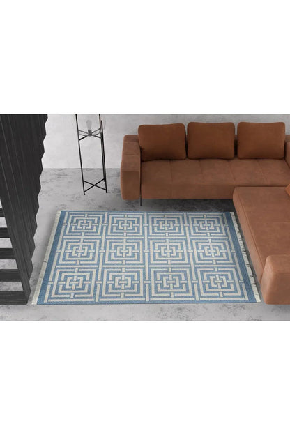 Cotton 83 Etnik Deniz Mavisi Modern Monogram Stil Pamuk Taban Kilim 083 - HALI VAGONU