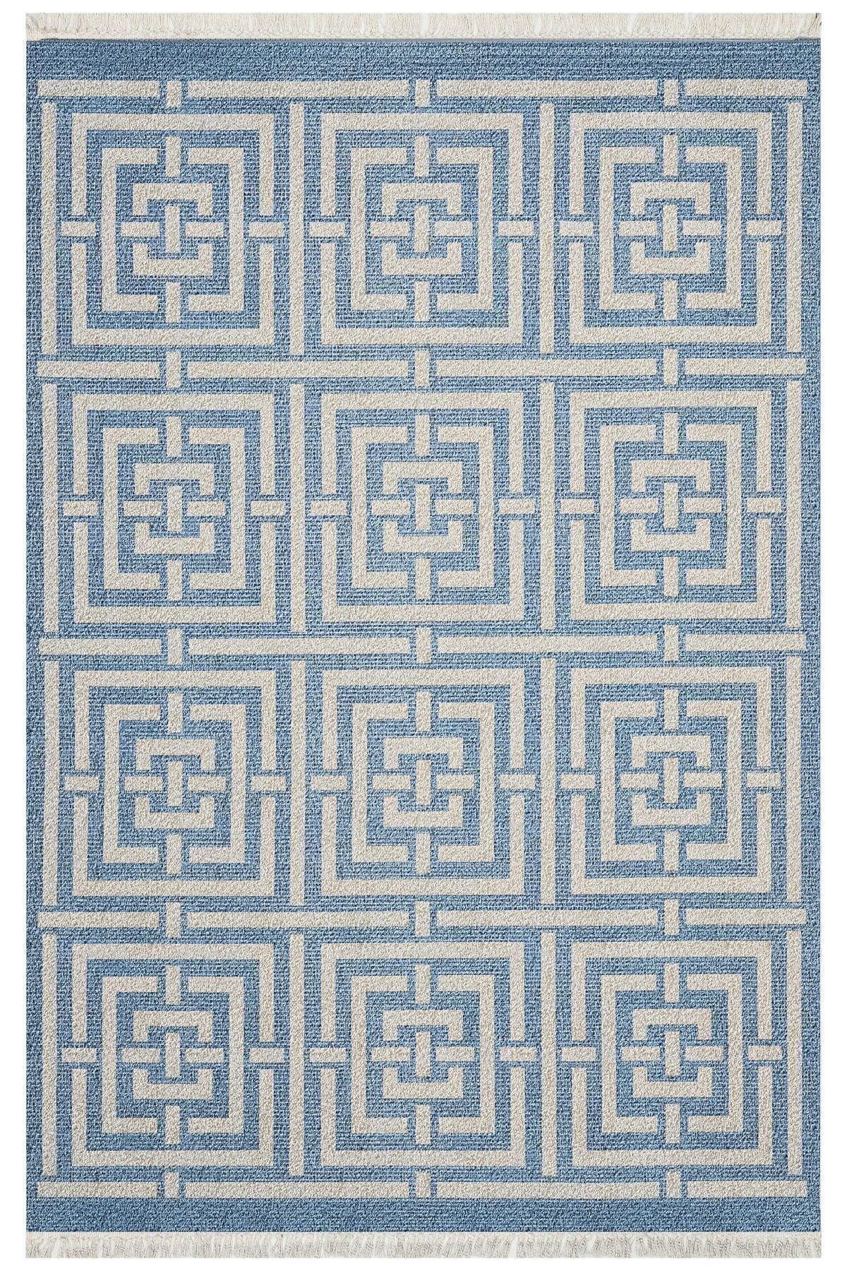 Cotton 83 Etnik Deniz Mavisi Modern Monogram Stil Pamuk Taban Kilim 083 - HALI VAGONU