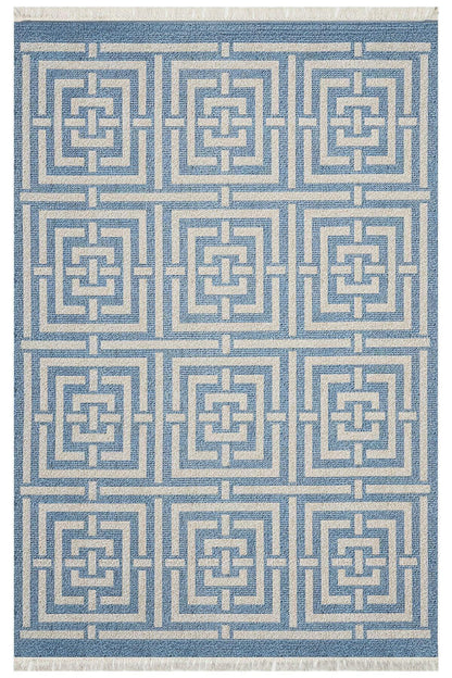Cotton 83 Etnik Deniz Mavisi Modern Monogram Stil Pamuk Taban Kilim 083 - HALI VAGONU