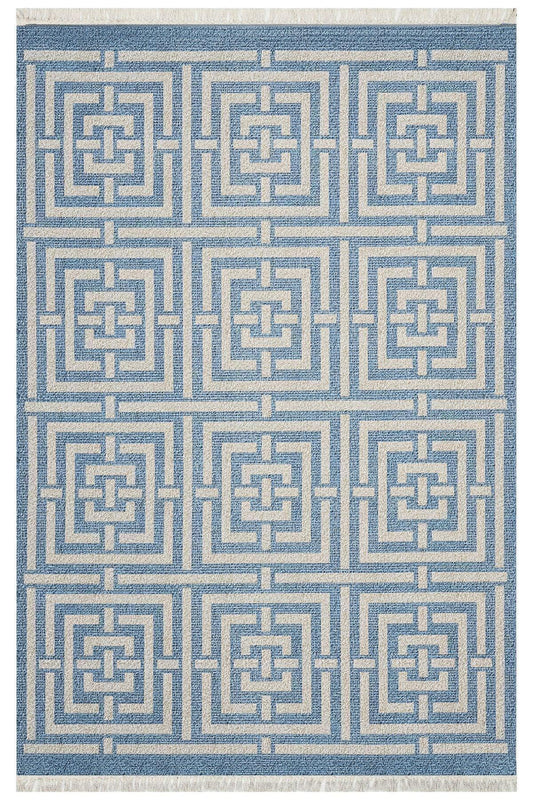 Cotton 83 Etnik Deniz Mavisi Modern Monogram Stil Pamuk Taban Kilim 083 - HALI VAGONU