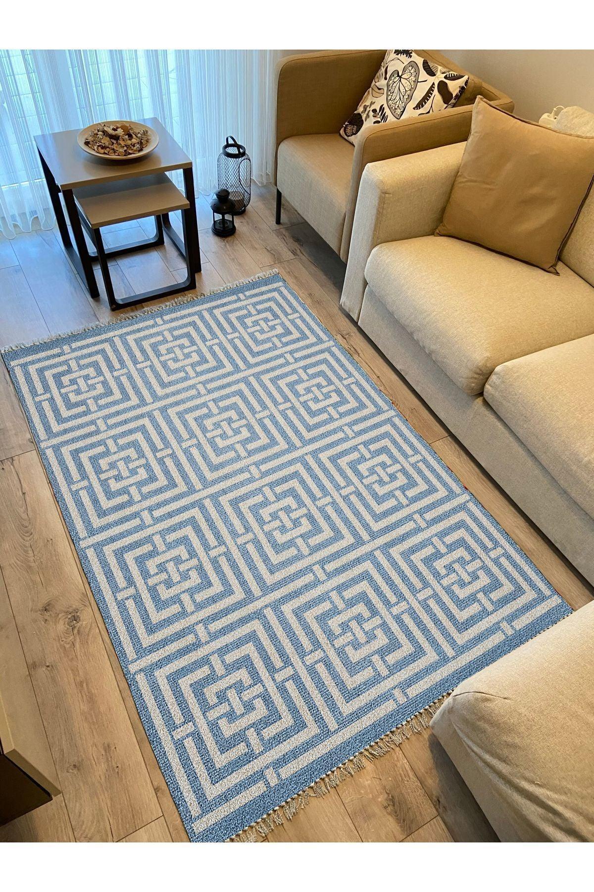 Cotton 83 Etnik Deniz Mavisi Modern Monogram Stil Pamuk Taban Kilim 083 - HALI VAGONU