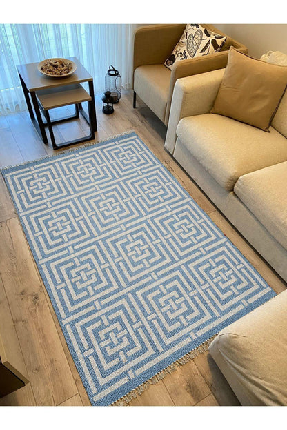 Cotton 83 Etnik Deniz Mavisi Modern Monogram Stil Pamuk Taban Kilim 083 - HALI VAGONU