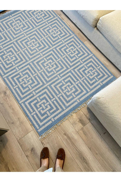 Cotton 83 Etnik Deniz Mavisi Modern Monogram Stil Pamuk Taban Kilim 083 - HALI VAGONU