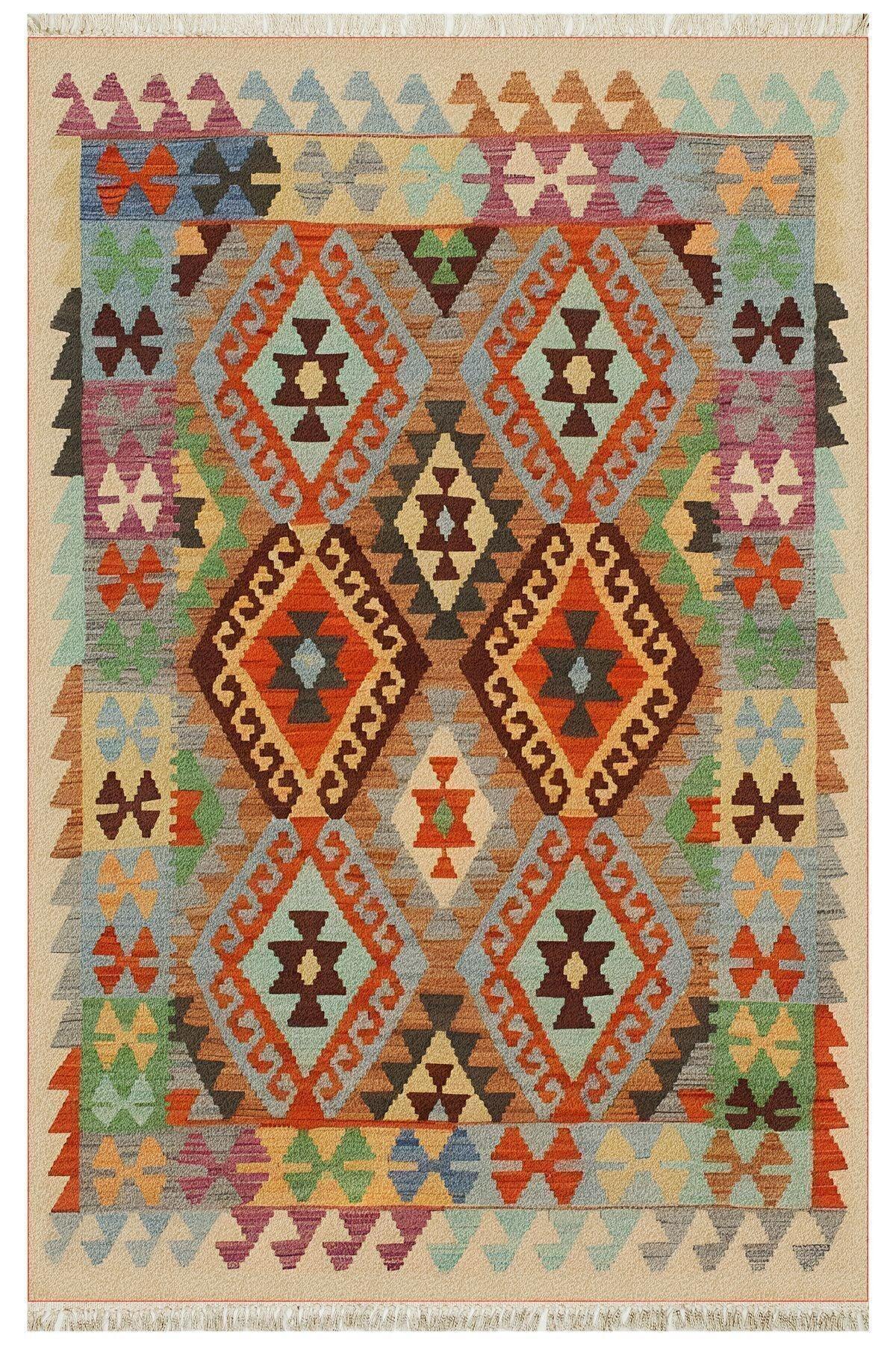 Cotton 84 Çok Renkli Etnik Boho Stil Pamuk Kilim - HALI VAGONU