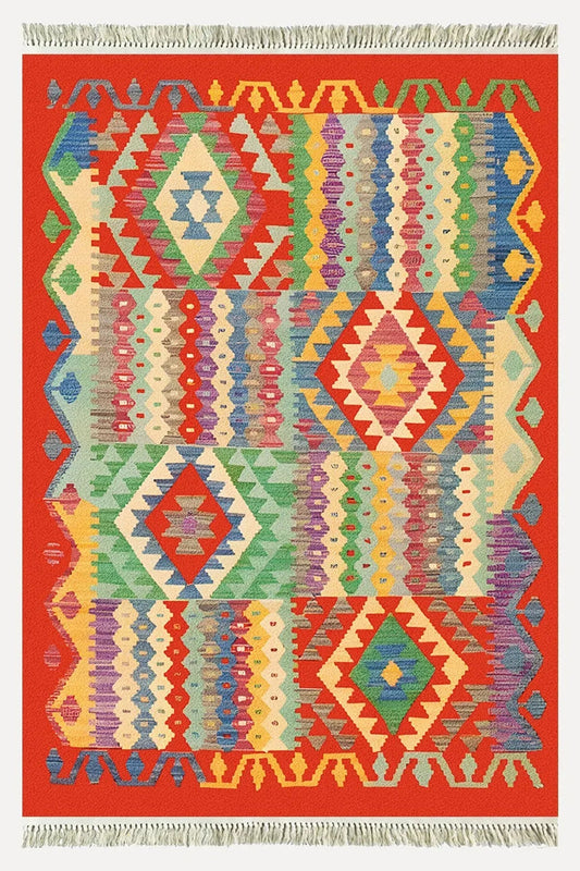 Cotton 85 Etnik Mercan Renk Vintage Boho Stil Pamuk Kilim - HALI VAGONU