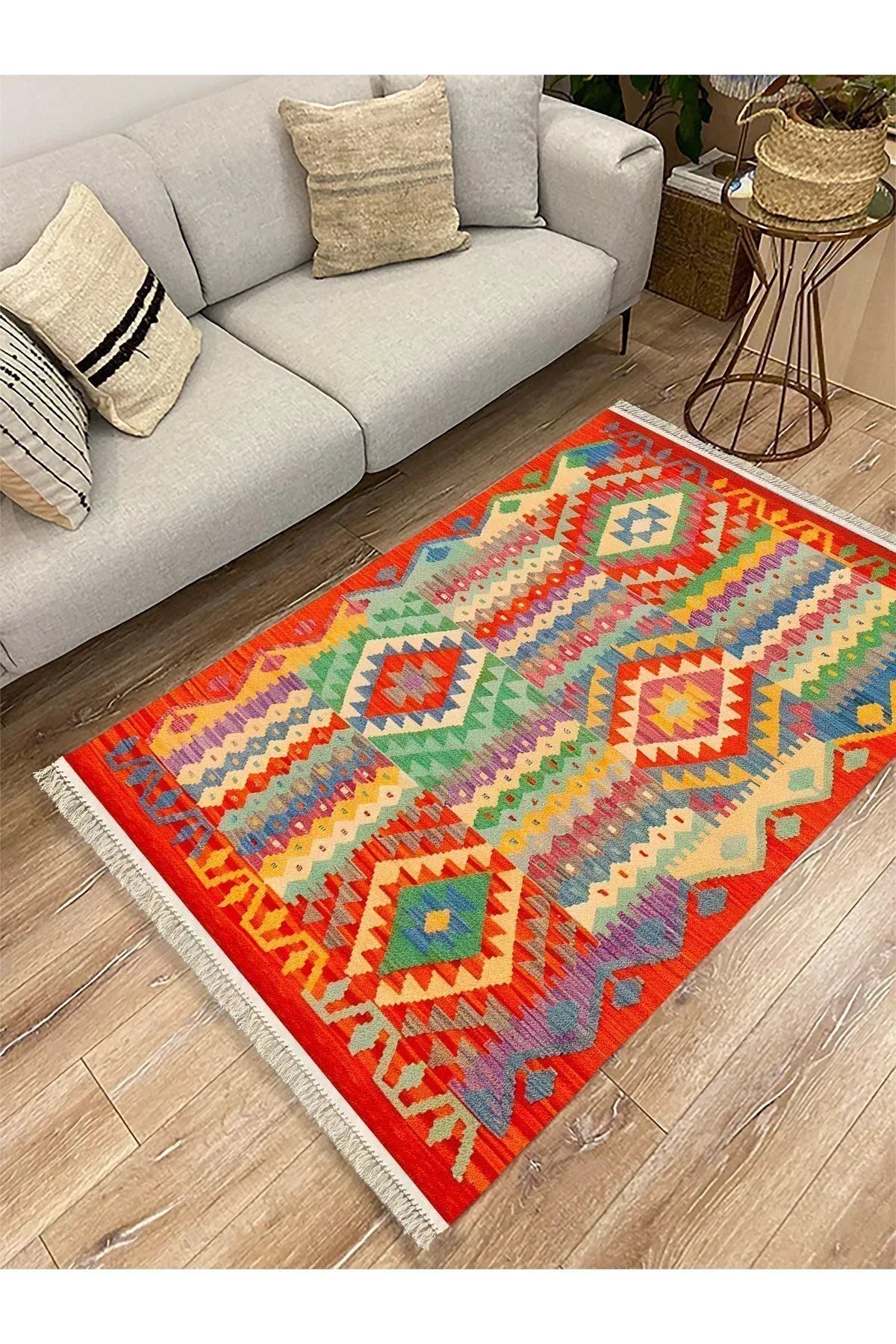 Cotton 85 Etnik Mercan Renk Vintage Boho Stil Pamuk Kilim - HALI VAGONU