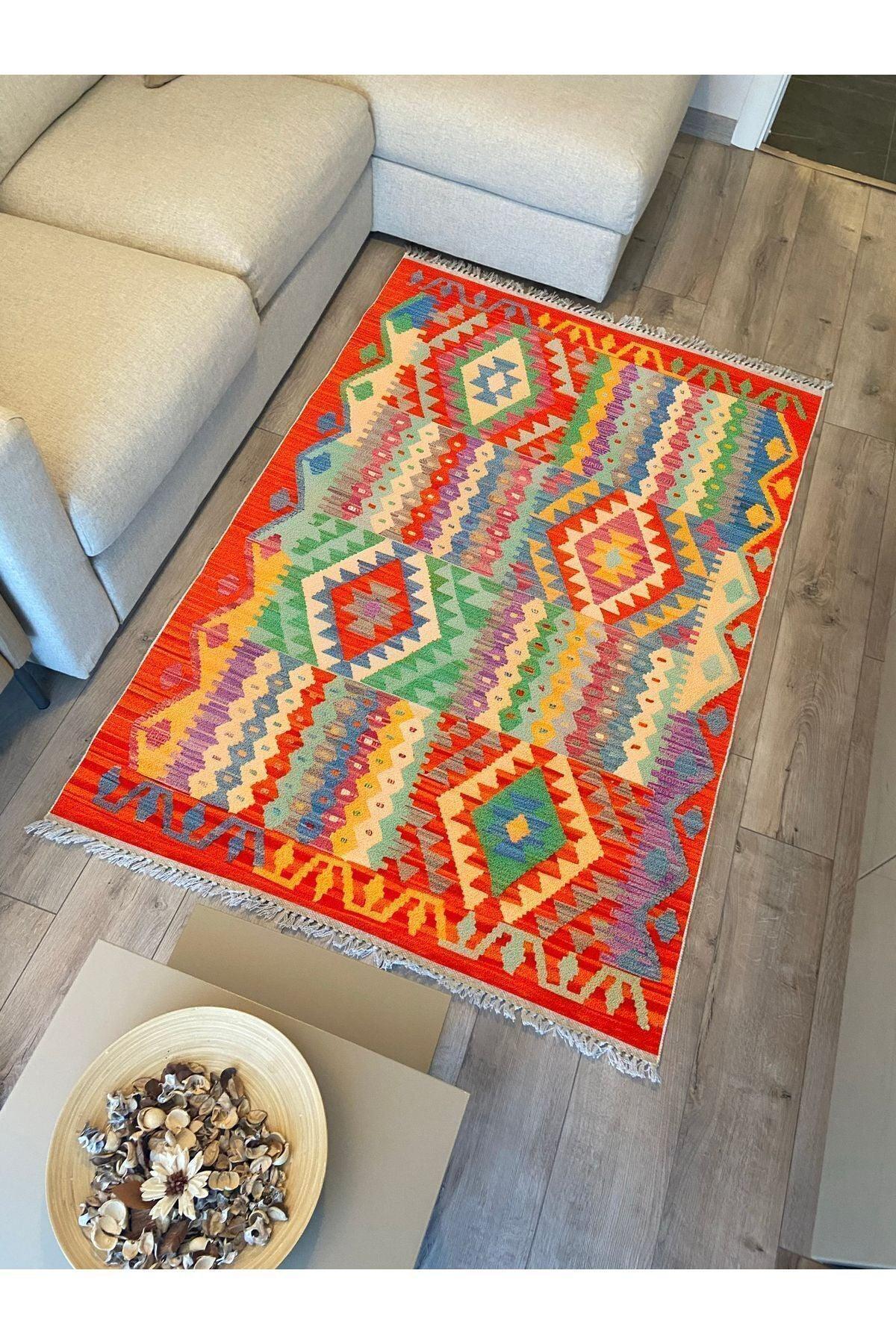 Cotton 85 Etnik Mercan Renk Vintage Boho Stil Pamuk Kilim - HALI VAGONU