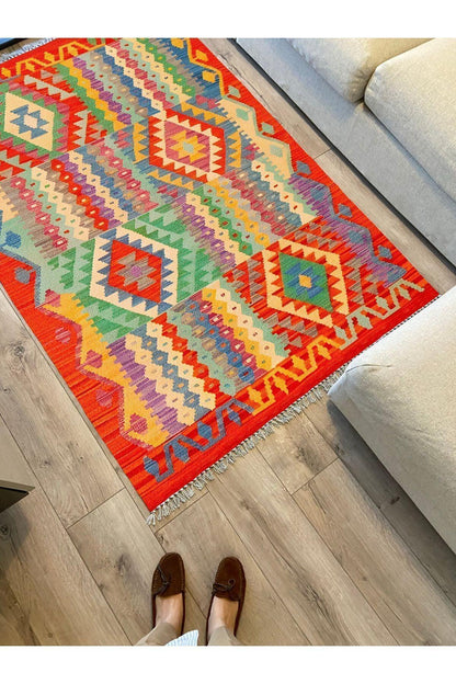 Cotton 85 Etnik Mercan Renk Vintage Boho Stil Pamuk Kilim - HALI VAGONU