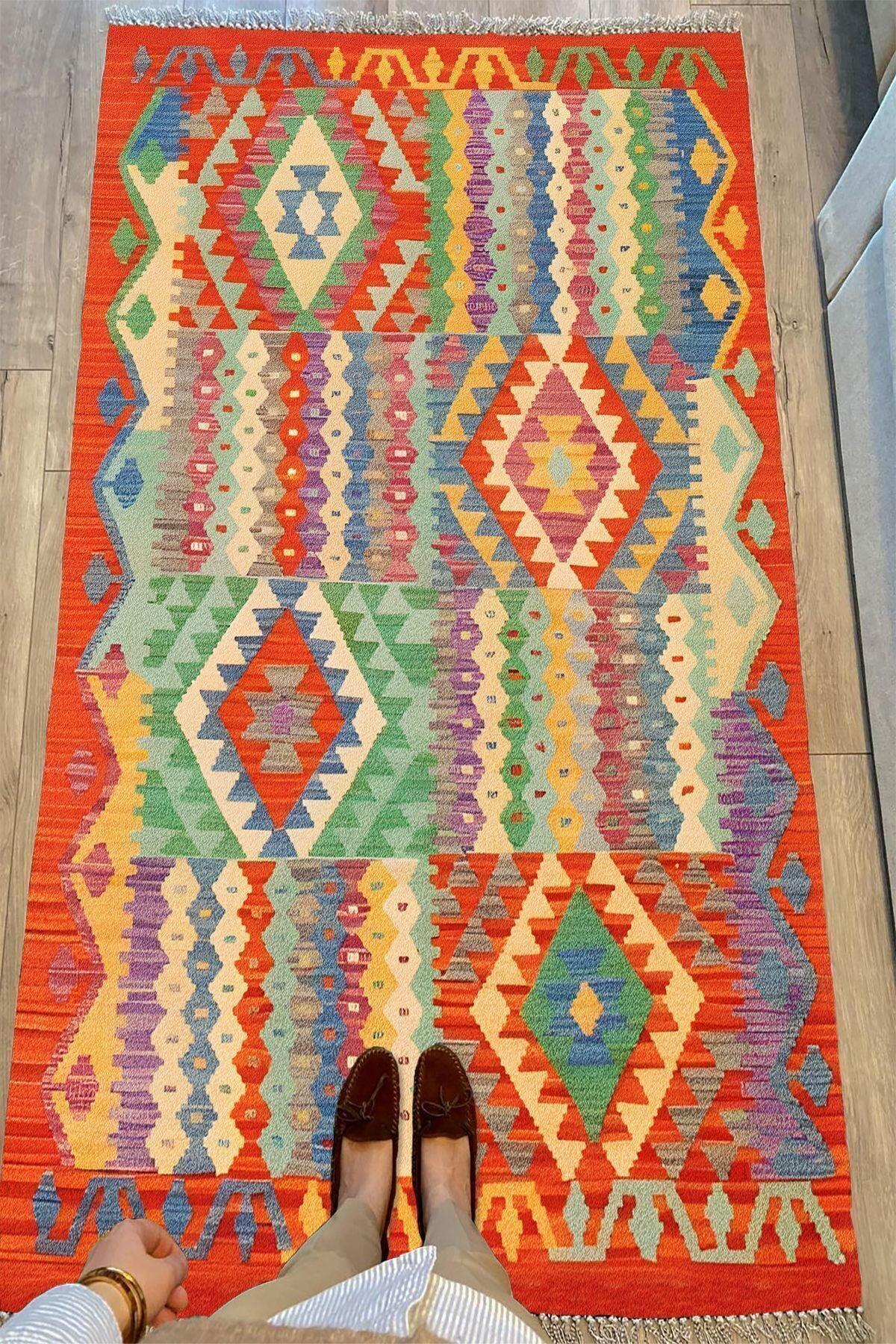 Cotton 85 Etnik Mercan Renk Vintage Boho Stil Pamuk Kilim - HALI VAGONU