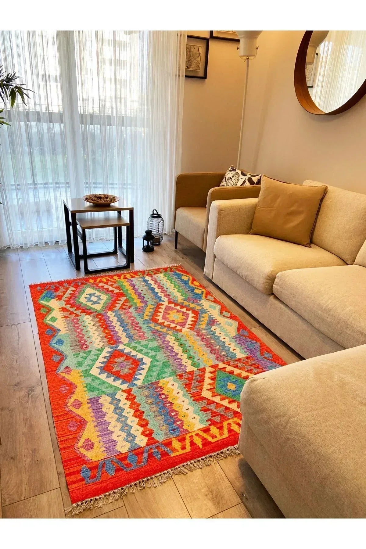 Cotton 85 Etnik Mercan Renk Vintage Boho Stil Pamuk Kilim - HALI VAGONU