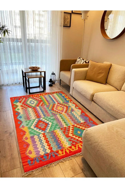 Cotton 85 Etnik Mercan Renk Vintage Boho Stil Pamuk Kilim - HALI VAGONU