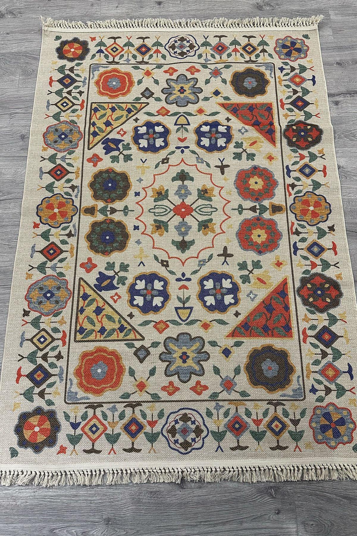 Cotton Etnik Otantik Çini Desenli Çok Renkli Makina Dokuma Kilim 2035 - HALI VAGONU