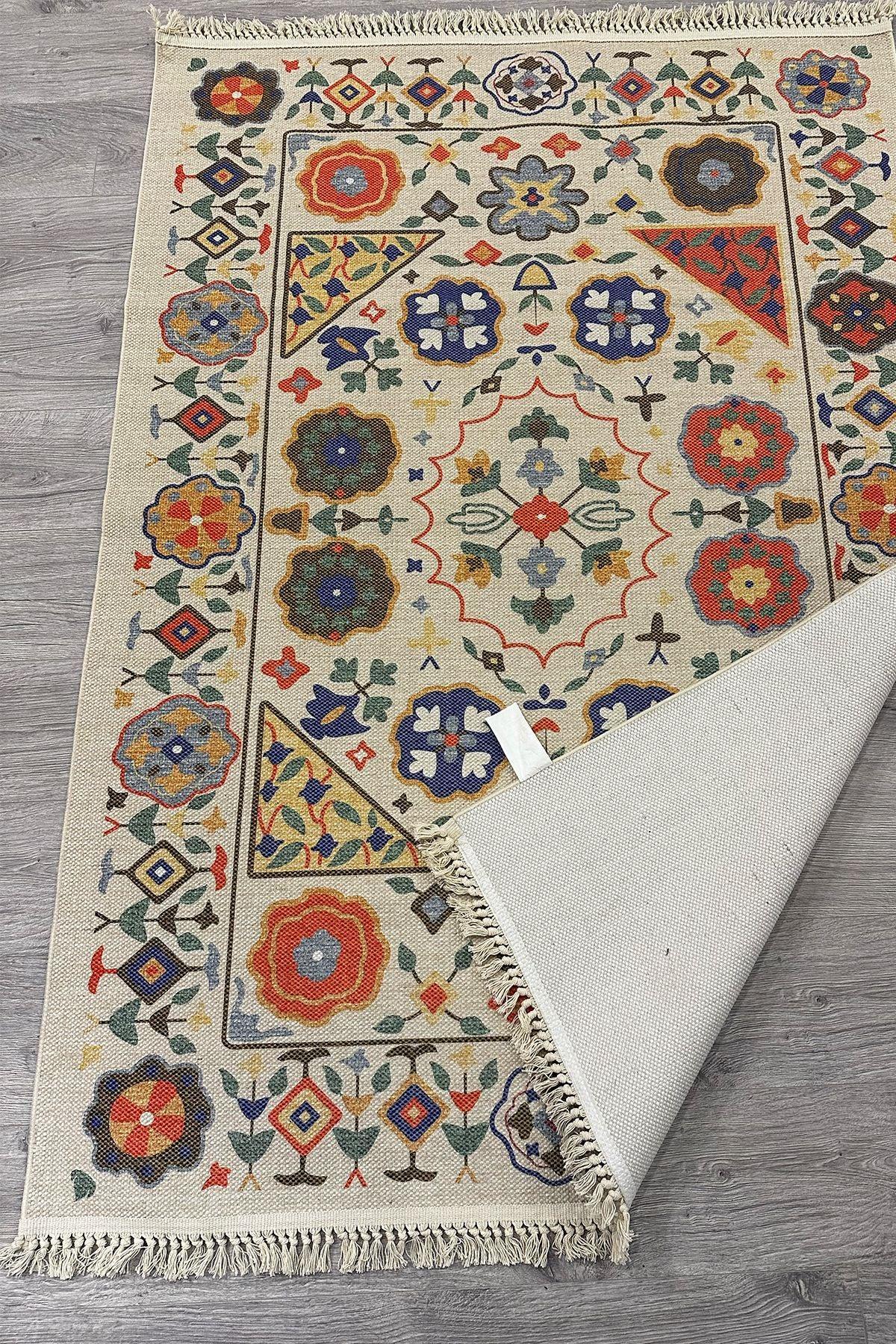Cotton Etnik Otantik Çini Desenli Çok Renkli Makina Dokuma Kilim 2035 - HALI VAGONU