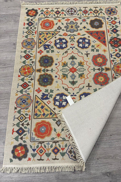Cotton Etnik Otantik Çini Desenli Çok Renkli Makina Dokuma Kilim 2035 - HALI VAGONU