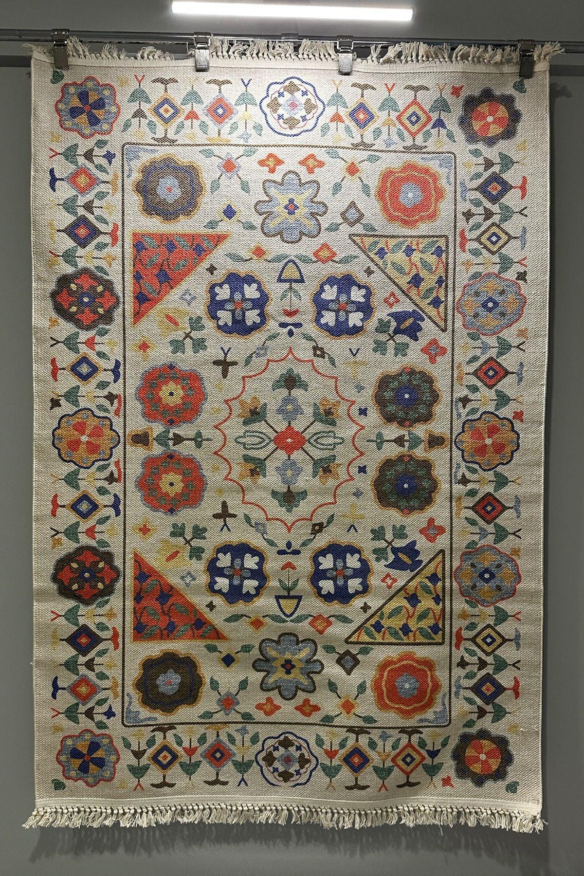 Cotton Etnik Otantik Çini Desenli Çok Renkli Makina Dokuma Kilim 2035 - HALI VAGONU