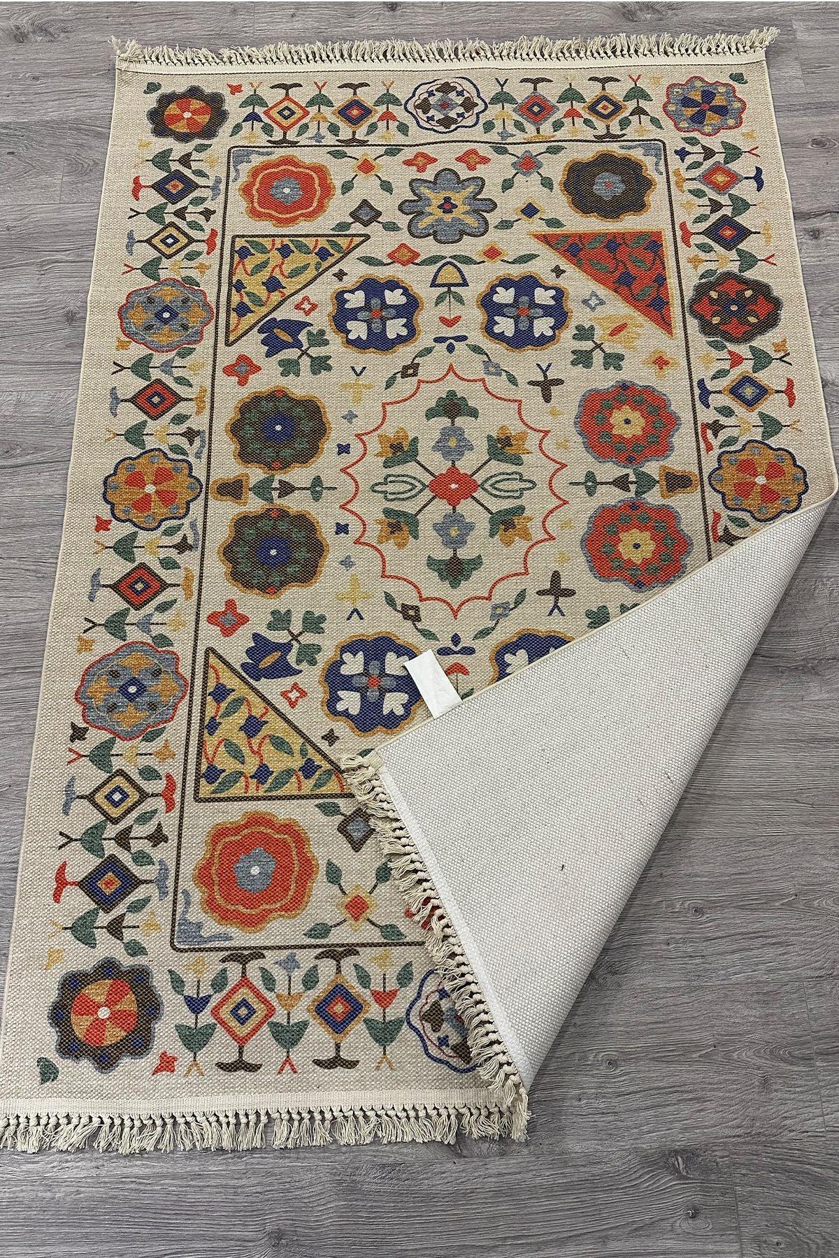 Cotton Etnik Otantik Çini Desenli Çok Renkli Makina Dokuma Kilim 2035 - HALI VAGONU