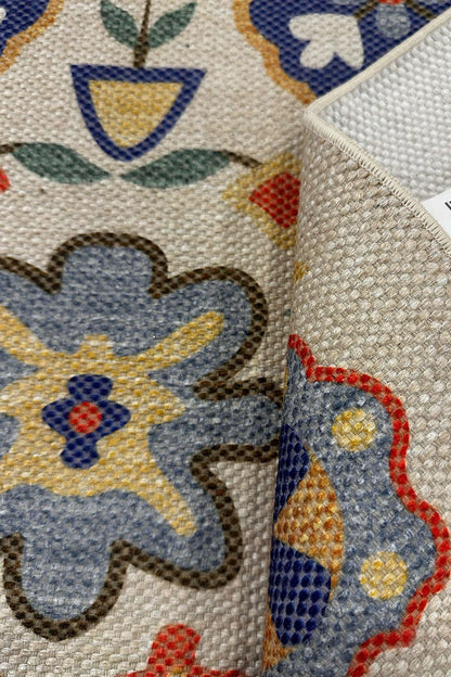 Cotton Etnik Otantik Çini Desenli Çok Renkli Makina Dokuma Kilim 2035 - HALI VAGONU
