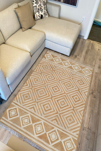 Cotton Kilim 10 Iskandinav Krem Tonunda Dekoratif Yıkanabilen Dokuma Taban Kilim - HALI VAGONU