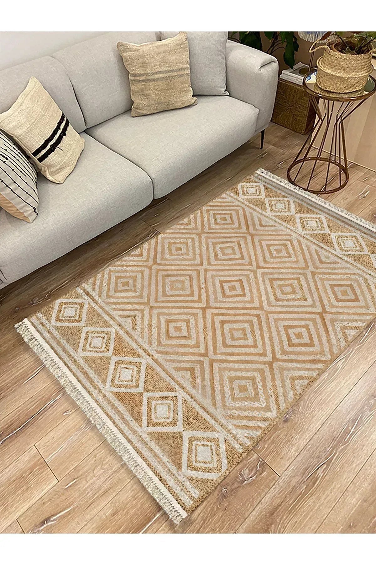 Cotton Kilim 10 Iskandinav Krem Tonunda Dekoratif Yıkanabilen Dokuma Taban Kilim - HALI VAGONU